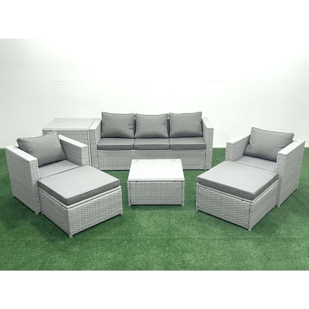 Fimous 7 Seater Rattan Garden Furniture Set With 3 Seater Sofa 2 Chair Square Coffee Table 2 Big Footstools Side Table Light Grey Mixed