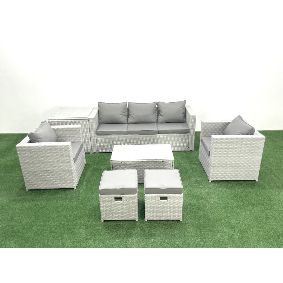 Fimous 7 Seater Rattan Garden Furniture Set with 3 Seater Sofa 2 Chair Rectangular Coffee Table 2 Small Footstools Side Table