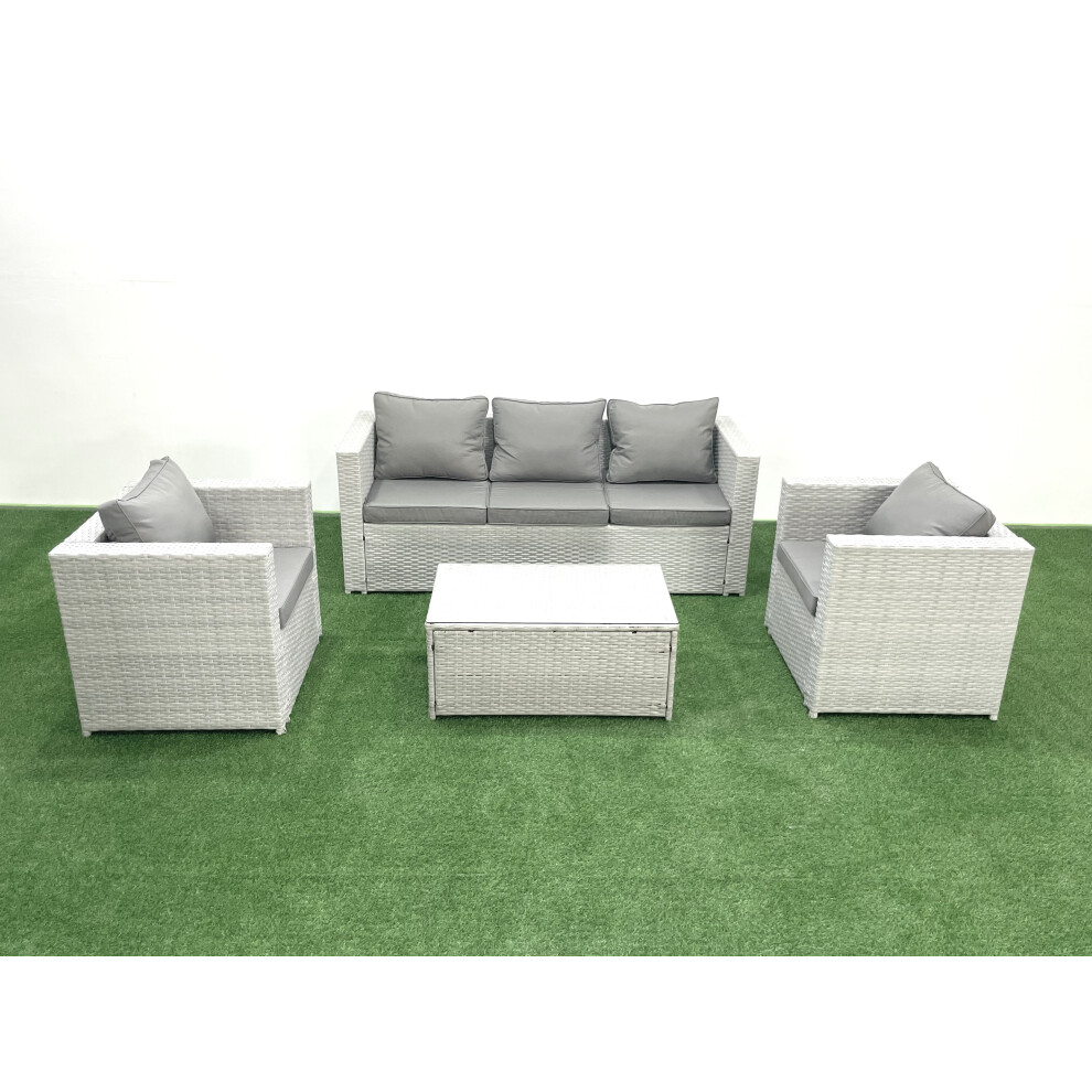 Fimous Rattan Garden Furniture Set with 3 Seater Sofa 2 Chair Rectangular Coffee Table Light Grey Mixed 5 Seater