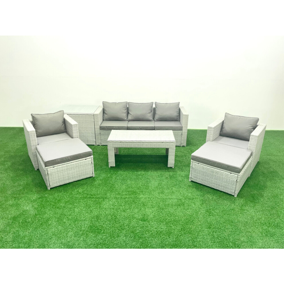 Fimous Rattan Garden Furniture Set 7 Seater Outdoor Garden Sofa 2 Chairs Oblong Coffee Table Set with 2 Stools Side Table Light Grey Mixed