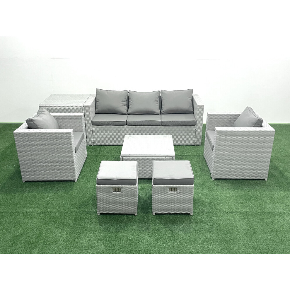 B&Q - 7 Seater Rattan Garden Furniture Set 3 Seater Sofa 2 Chair Square Coffee Table 2 Small Stools Side Table Light Grey - Image 2