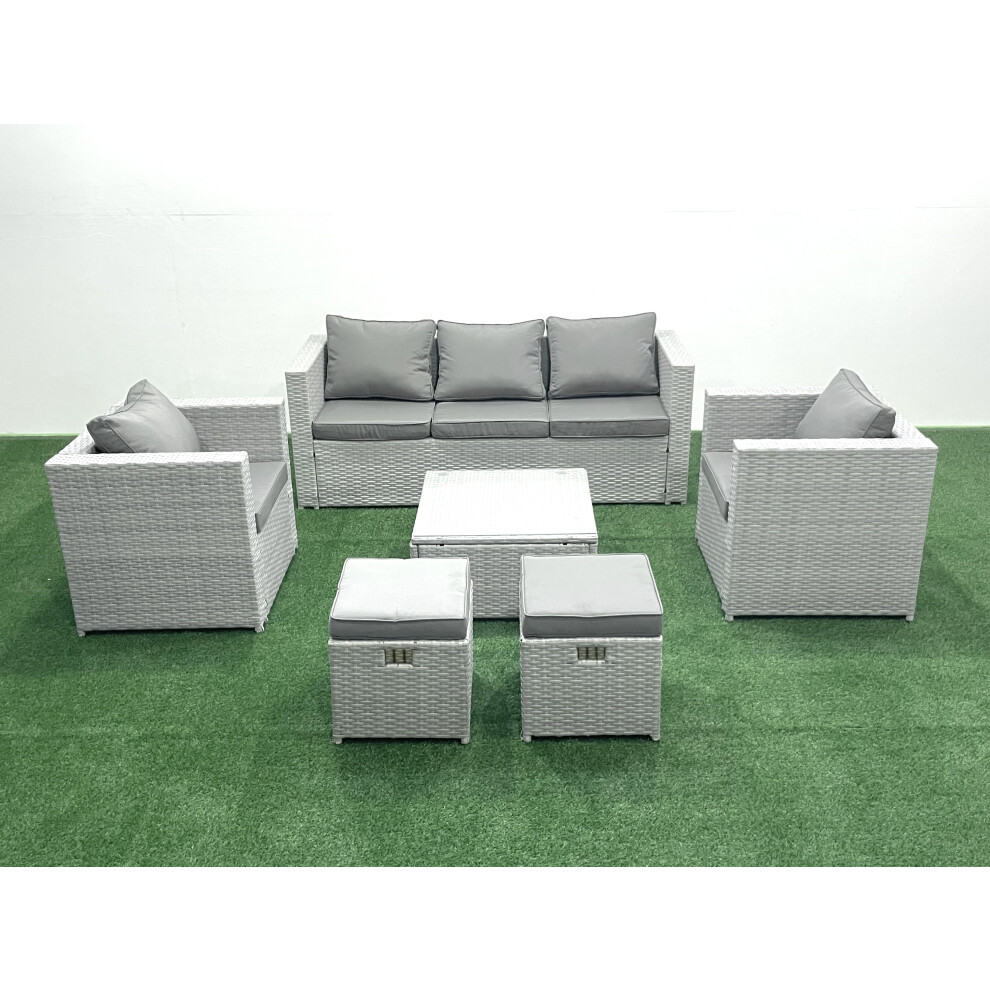 Fimous 7 Seater Rattan Garden Furniture Set with 3 Seater Sofa 2 Chair Square Coffee Table 2 Small Footstools Light Grey Mixed