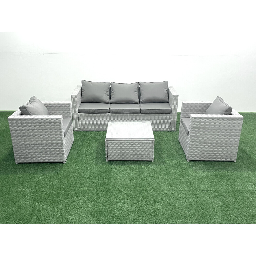 Fimous 5 Seater Rattan Garden Furniture Set with 3 Seater Sofa 2 Chair Square Coffee Table Light Grey Mixed