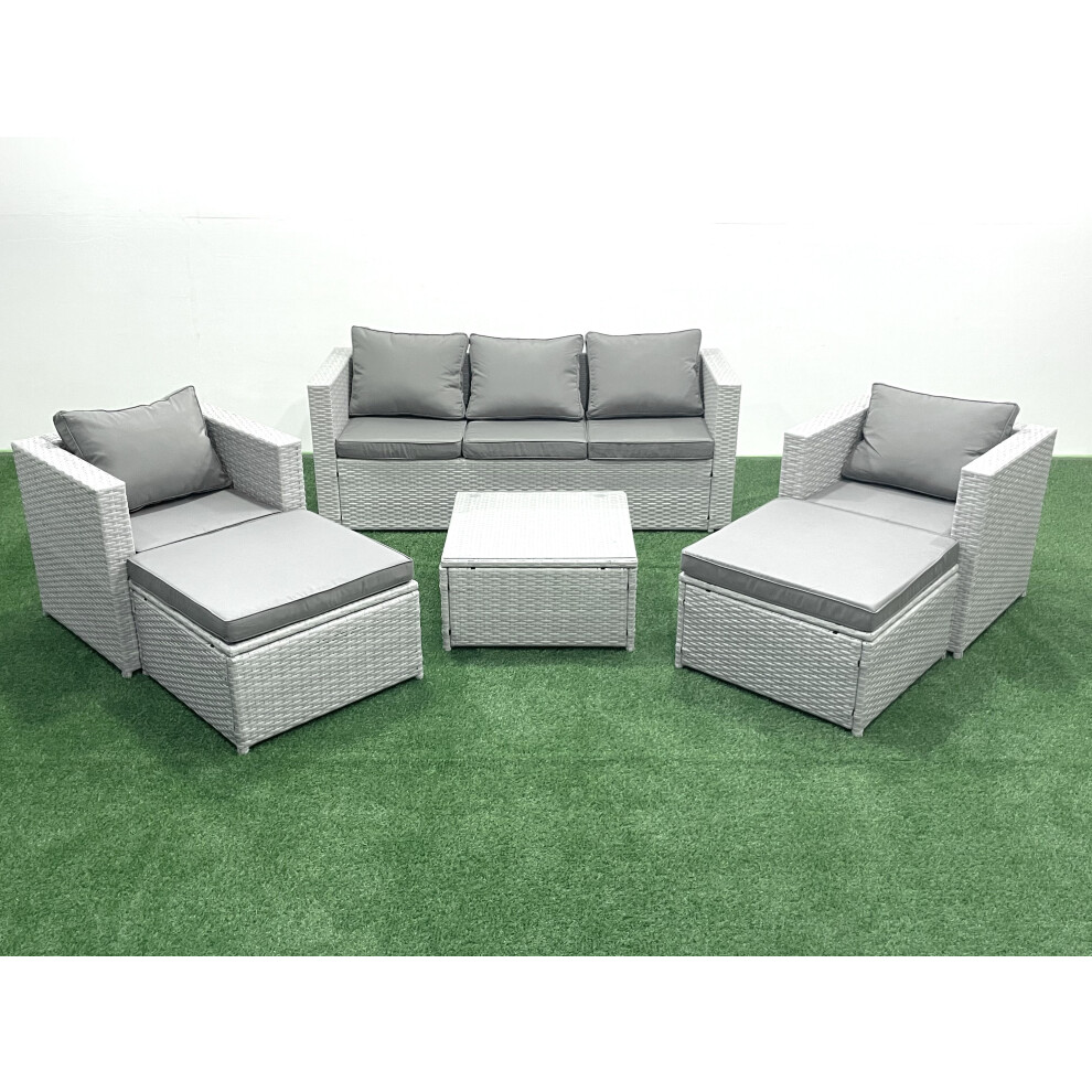 Fimous 7 Seater Rattan Garden Furniture Set With 3 Seater Sofa 2 Chair Square Coffee Table 2 Big Footstools Light Grey Mixed