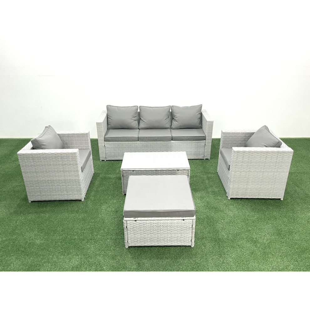 Fimous Rattan Garden Furniture Set with 3 Seater Sofa 2 Chair Rectangular Coffee Table Big Footstool Light Grey Mixed 6 Seater