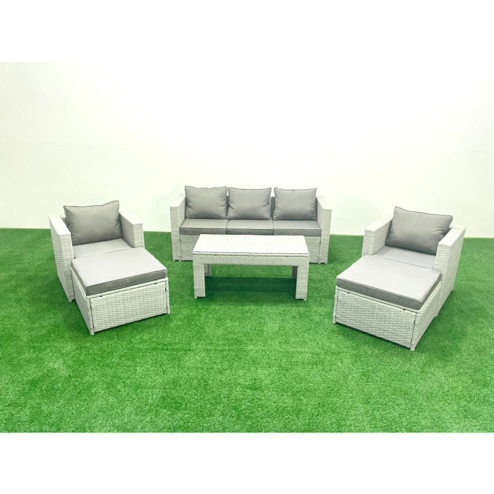 Fimous Rattan Garden Furniture Set 7 Seater Outdoor Garden Sofa 2 Chairs Oblong Coffee Table Set with 2 Stools Light Grey Mixed