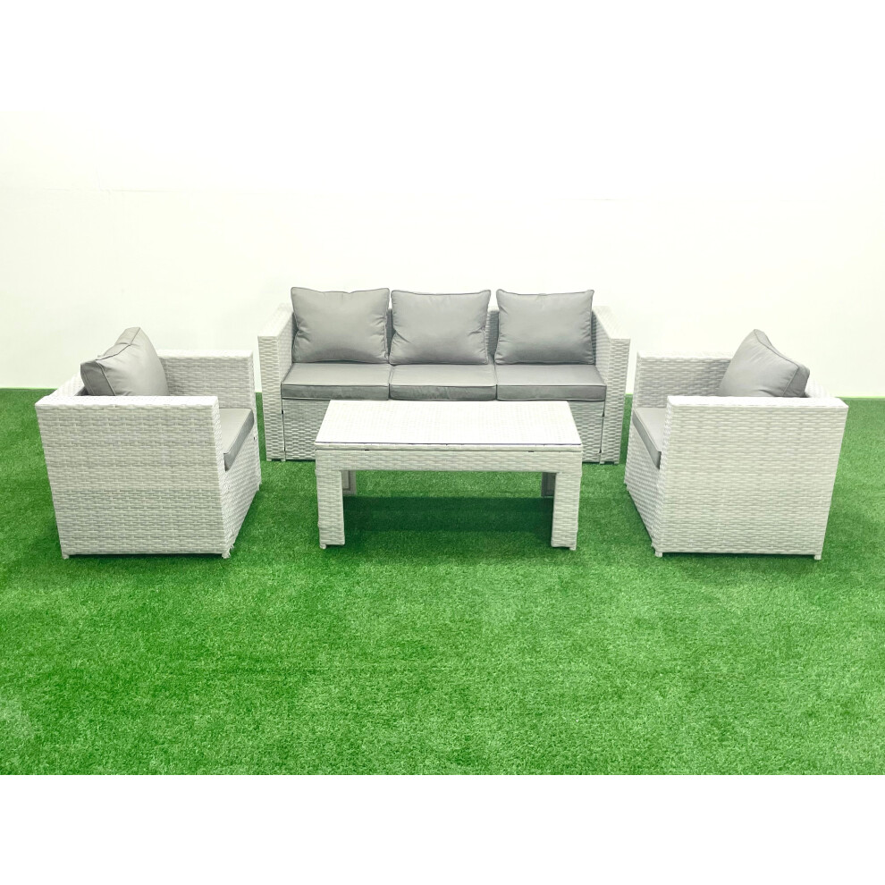 Fimous Rattan Garden Furniture Set 4 Pieces Outdoor Garden Sofa Oblong Coffee Table Set with 2 Chairs Light Grey Mixed