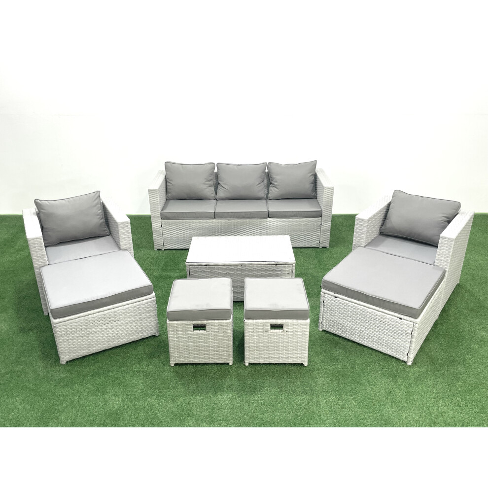 Fimous 8 Pieces Rattan Garden Furniture Set Outdoor Garden Sofa Chair Coffee Table Set with 4 Footstools Light Grey Mixed