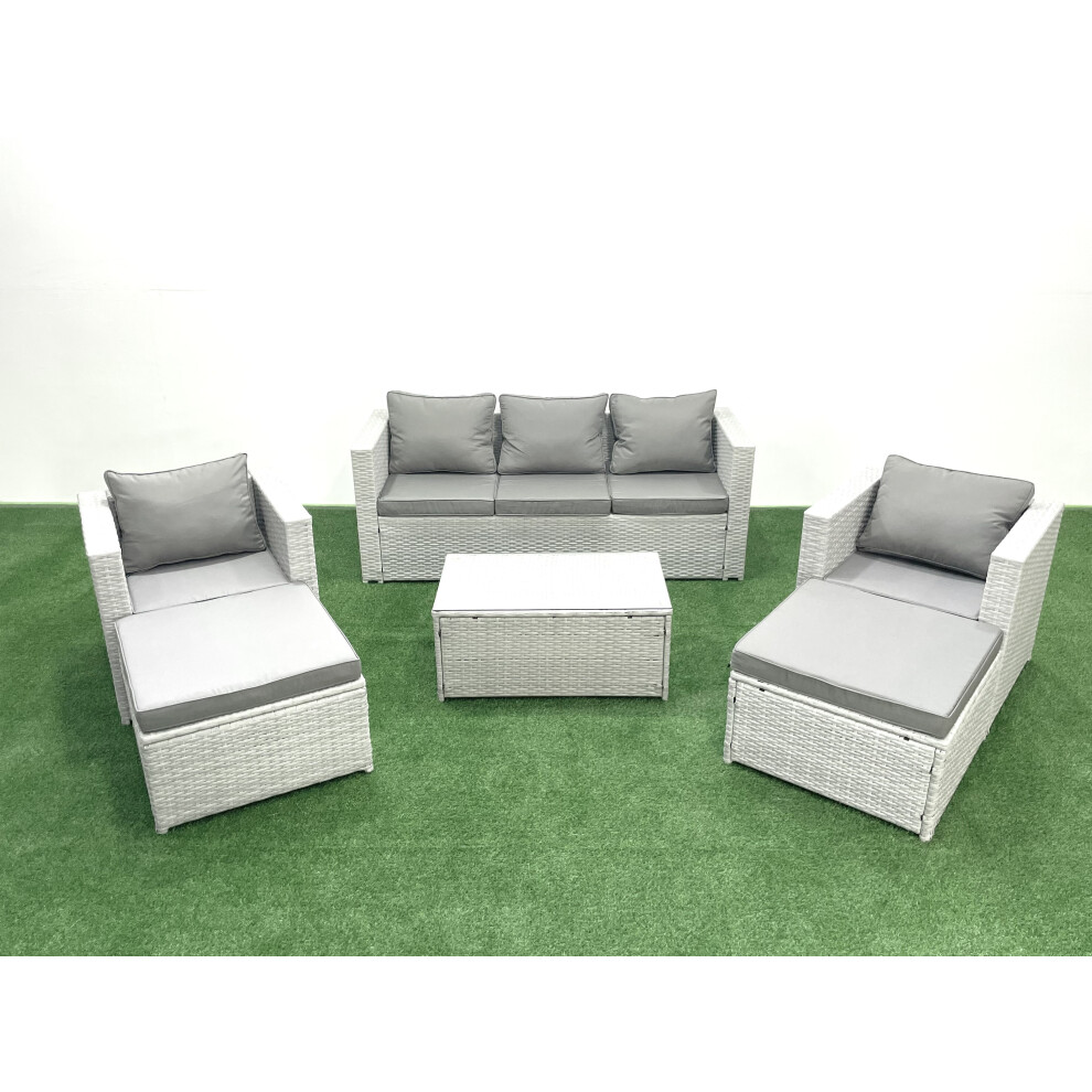 Fimous 7 Seater Rattan Garden Furniture Set with 3 Seater Sofa 2 Chair Rectangular Coffee Table 2 Big Footstools Light Grey Mixed