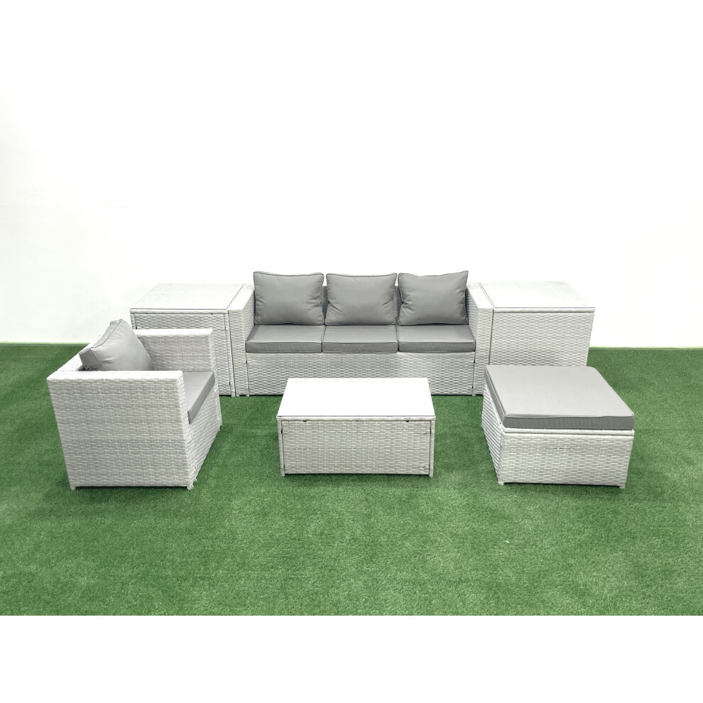 Fimous 6 Pieces Rattan Garden Furniture Set Outdoor Garden Sofa Chair Coffee Table Set with 2 Side Tables Big Footstool Light Grey Mixed