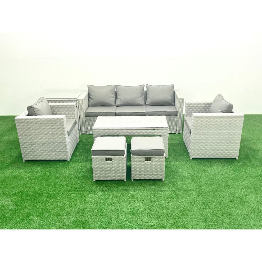 Fimous Rattan Garden Furniture Set 7 Seater Outdoor Garden Sofa Oblong Coffee Table Set with 2 Chairs 2 Stools Side Table Light Grey Mixed