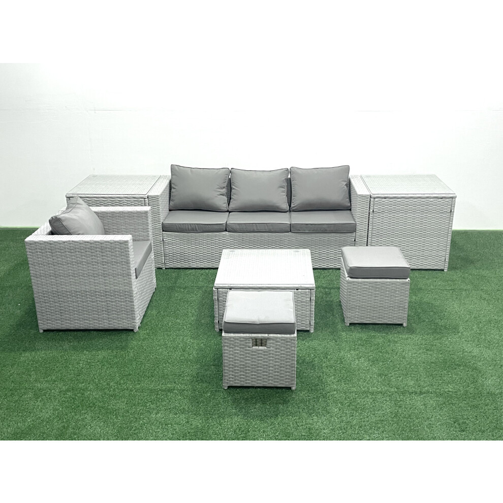 Fimous Garden Outdoor Furniture Set 6 Seater Rattan Sofa Set with Big Footstool Armchair 2 Side Tables Light Grey Mixed