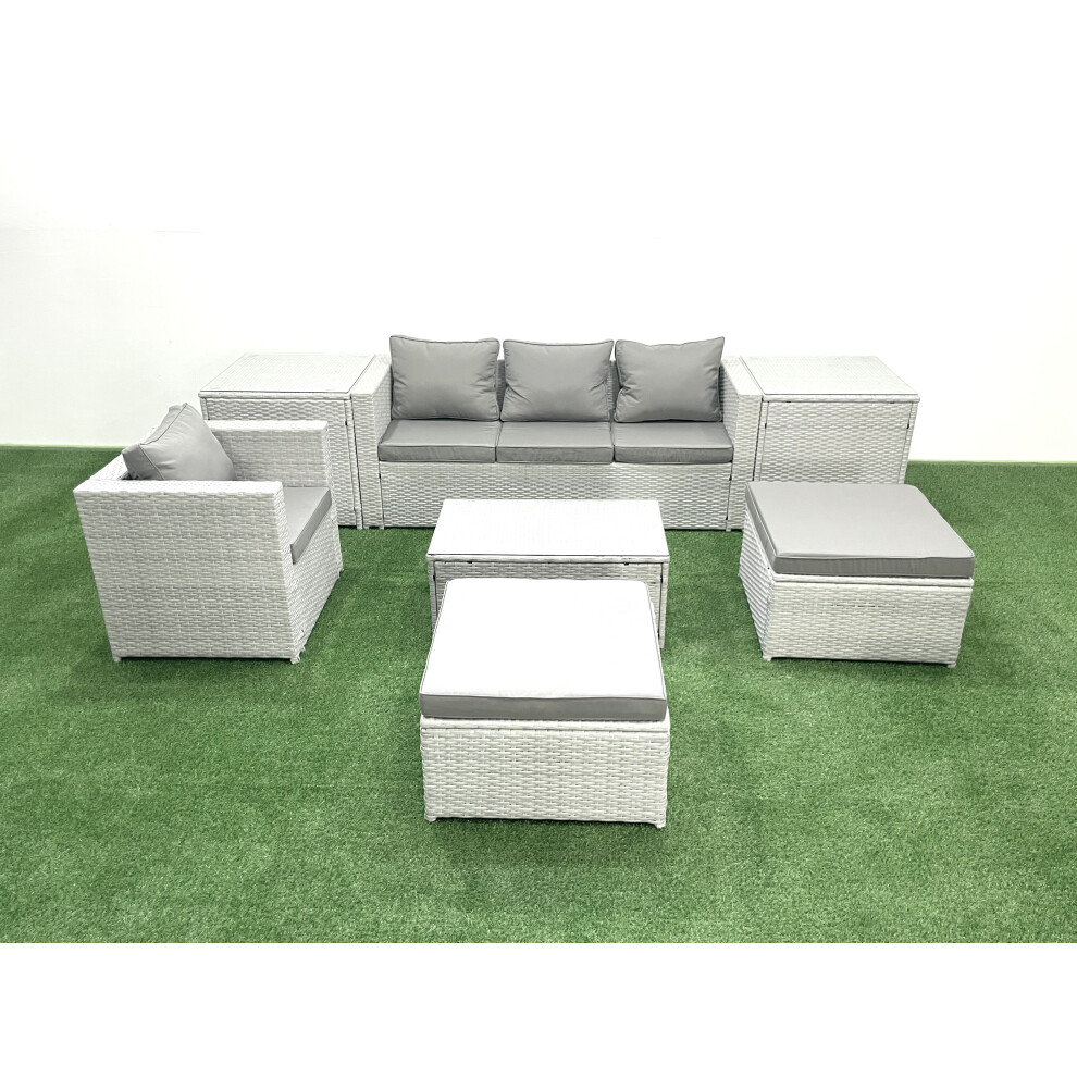 Fimous 7 Pieces Rattan Garden Furniture Set Outdoor Garden Sofa Chair Coffee Table Set with 2 Side Tables 2 Big Footstools Light Grey Mixed