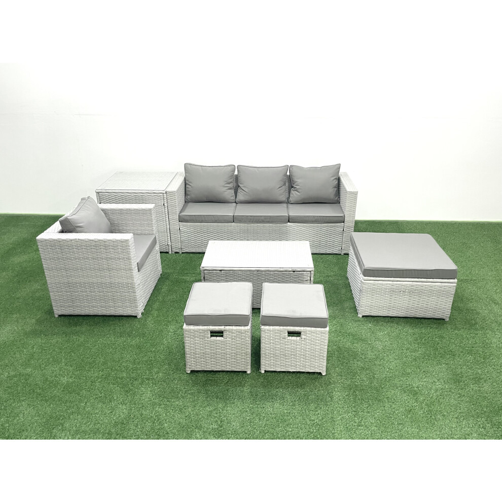 Fimous 7 Pieces Rattan Garden Furniture Set Outdoor Garden Sofa Chair Coffee Table Set with Side Table 3 Footstools Light Grey Mixed