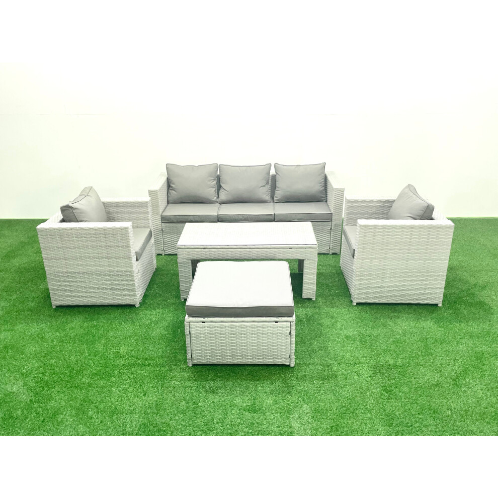 Fimous Rattan Garden Furniture Set 5 Pieces Outdoor Garden Sofa Oblong Coffee Table Set with 2 Chairs Stool Light Grey Mixed