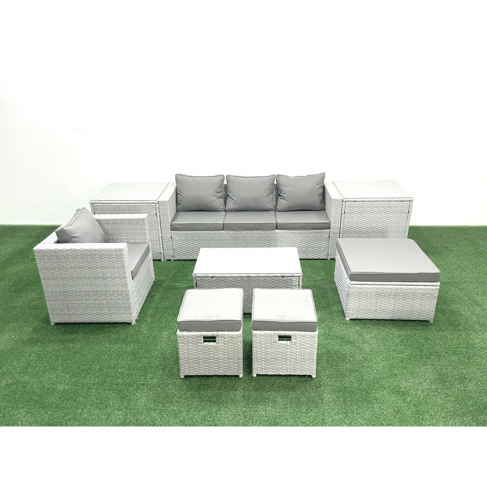 Fimous 8 Pieces Rattan Garden Furniture Set Outdoor Garden Sofa Chair Coffee Table Set with 2 Side Tables 3 Footstools Light Grey Mixed