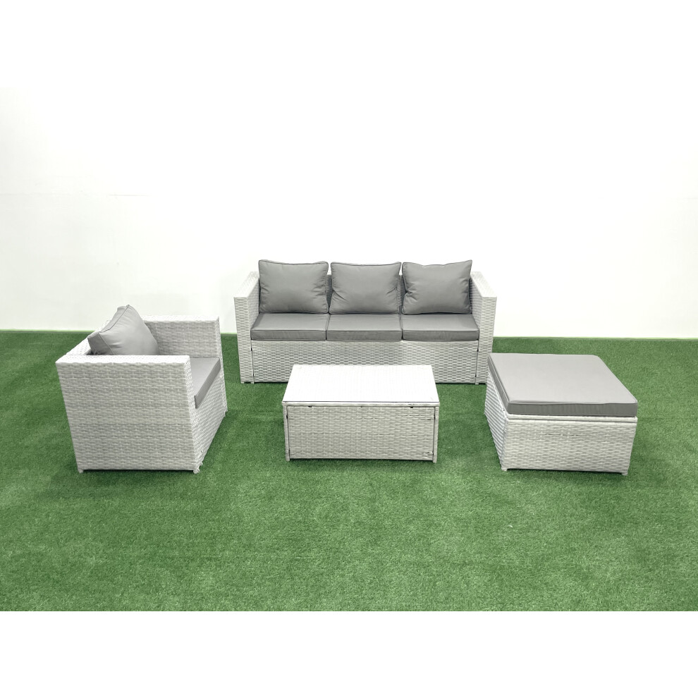 Fimous Rattan Garden Furniture Set With 3 Seater Sofa Chair Rectangular Coffee Table Big Footstool Light Grey Mixed 5 Seater