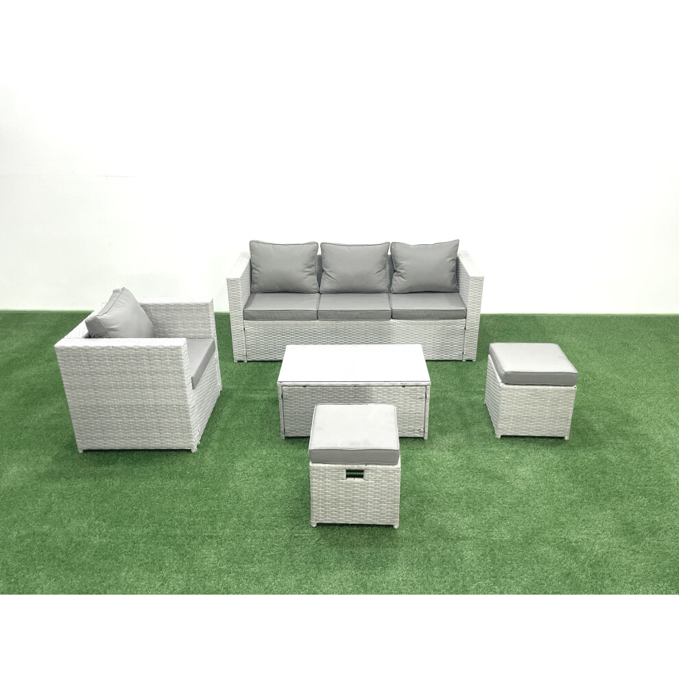 Fimous Rattan Garden Furniture Set with 3 Seater Sofa Chair Rectangular Coffee Table Big Footstool Light Grey Mixed 6 Seater