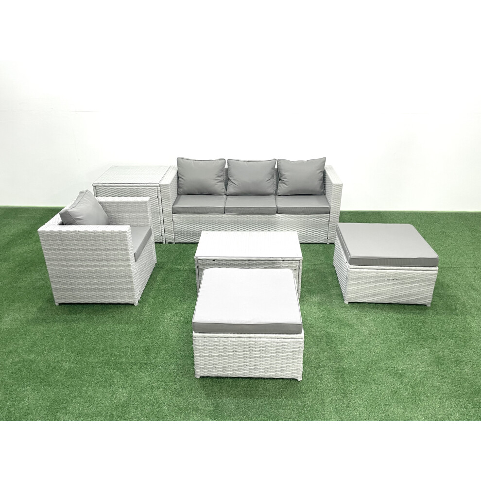 Fimous 6 Pieces Rattan Garden Furniture Set Outdoor Garden Sofa Chair Coffee Table Set with Side Table 2 Big Footstools Light Grey Mixed