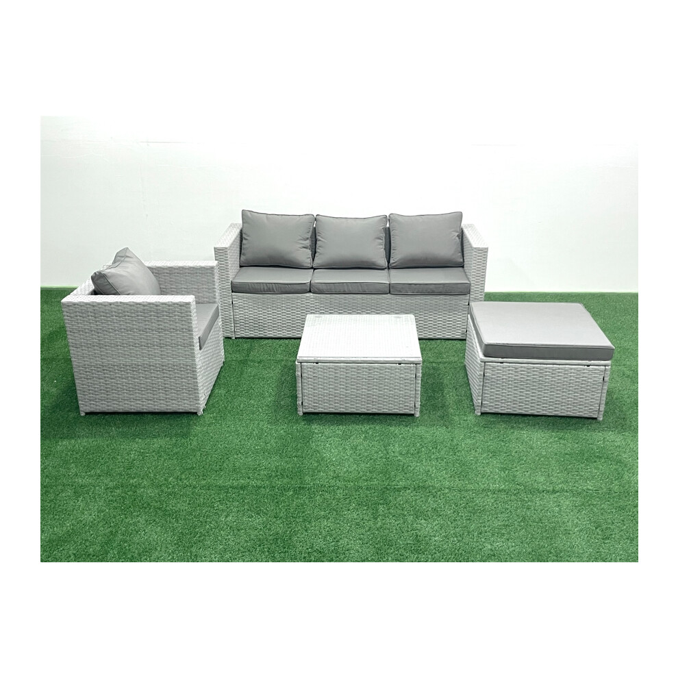 B&Q - 5 Seater Rattan Garden Furniture Set 3 Seater Sofa Chair Square Coffee Table Big Stool Light Grey - Image 2