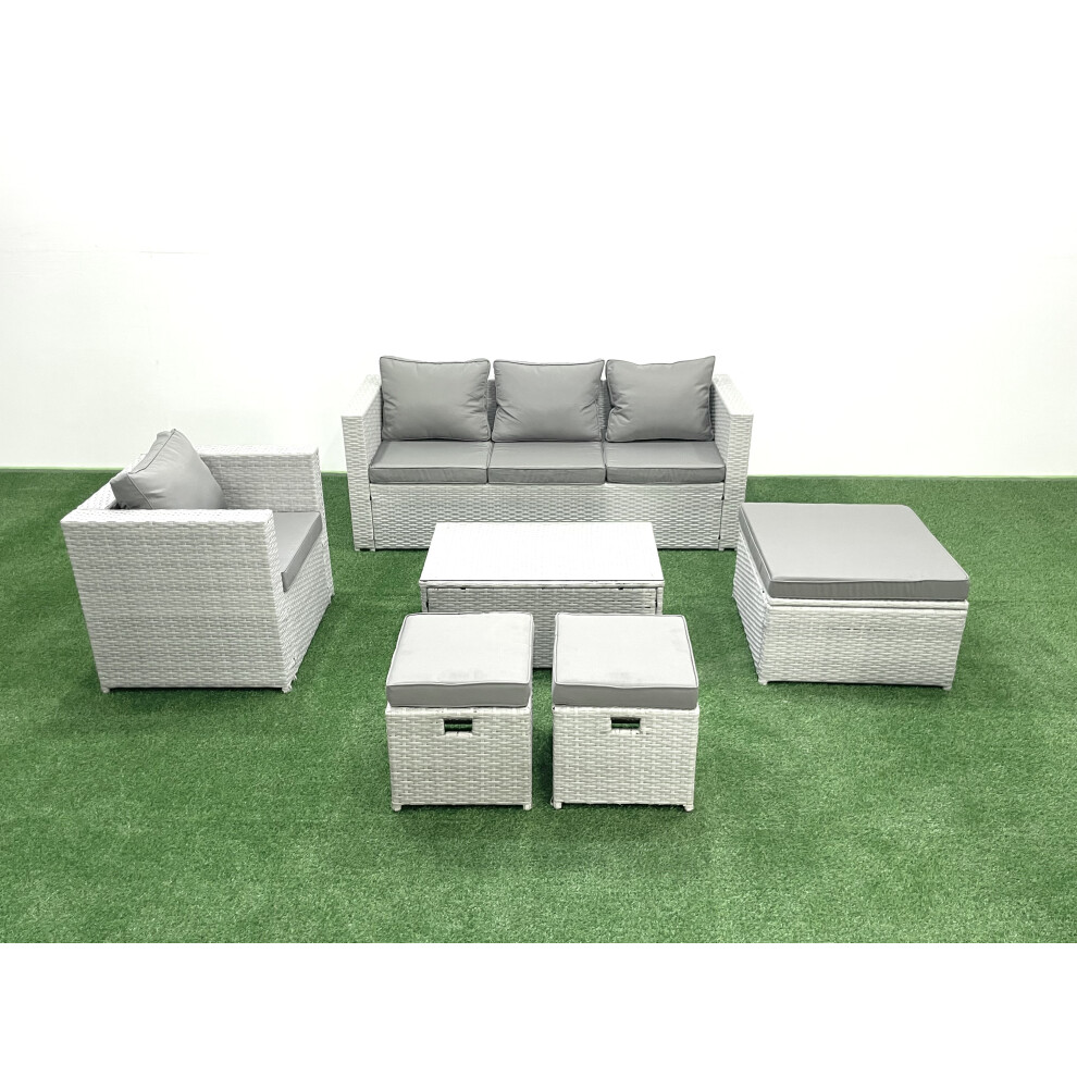 Fimous Rattan Garden Furniture Set with 3 Seater Sofa Chair Rectangular Coffee Table 3 Footstools Light Grey Mixed 6 Seater