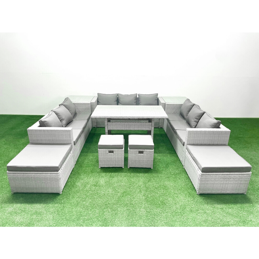 Fimous Rattan Garden Furniture Dining Set 13 Seater Lounge Sofa Dining Table Set with 4 Footstools 2 Side Tables Light Grey Mixed