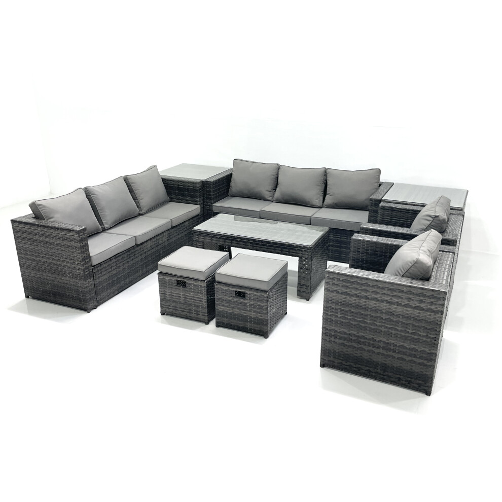 Fimous Rattan Garden Furniture Sofa Set with Coffee table Armchair 2 Side Tables 2 Small Footstools Dark Grey Mixed-image-OPC-PFSS8GH-NEW