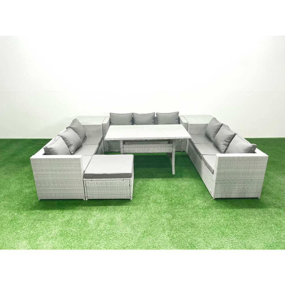 Fimous Rattan Garden Outdoor Furniture Set 10 Seater Garden Sofa Rectangulr Dining Table Set with Big Footstool 2 Side Tables