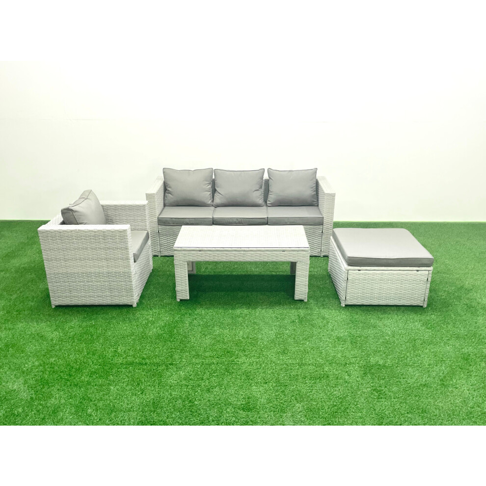 Fimous Rattan Garden Furniture Set 4 Pieces Outdoor Garden Sofa Oblong Coffee Table Set with Chair Big Footstool Light Grey Mixed