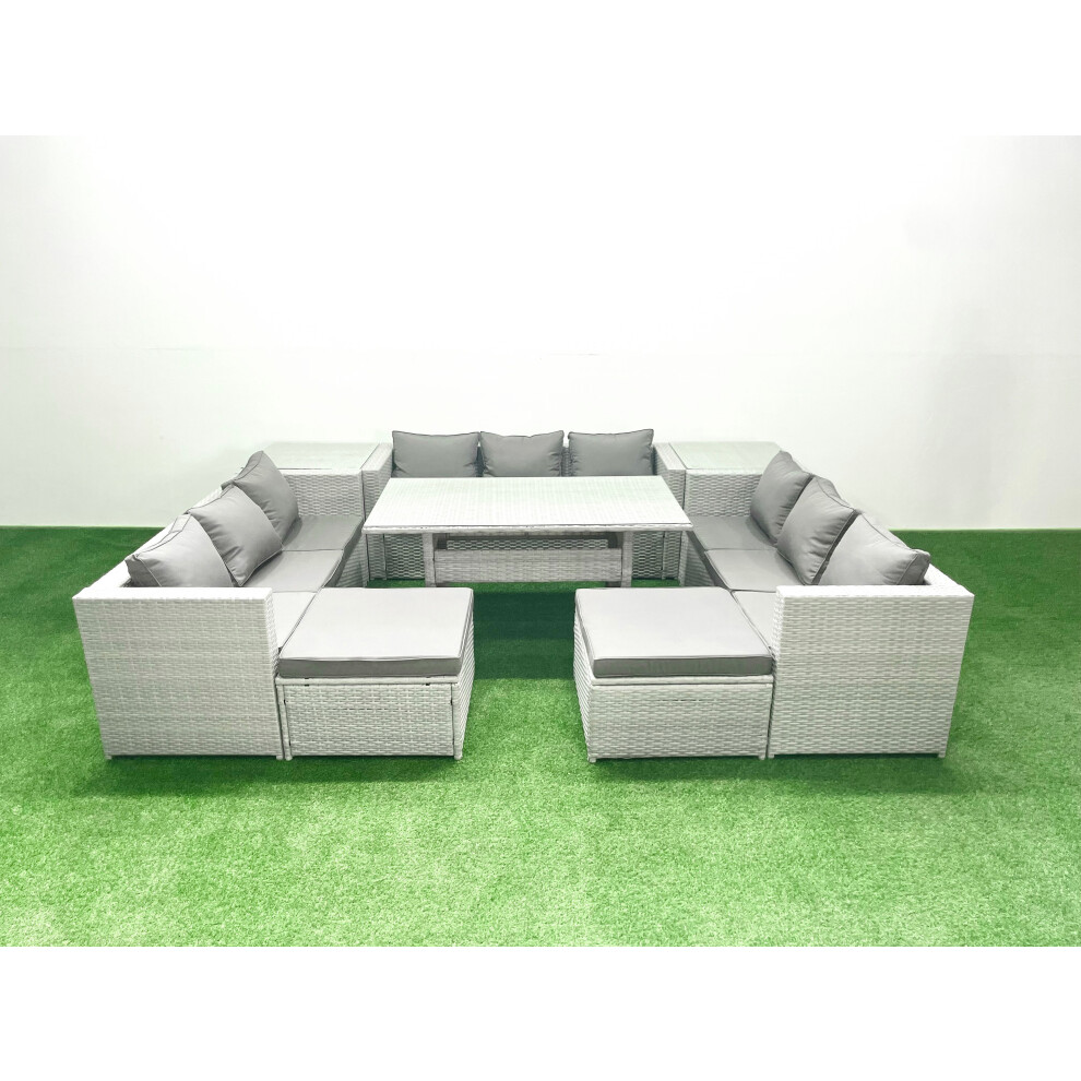 Fimous Rattan Garden Outdoor Furniture Set 11 Seater Garden Sofa Rectangulr Dining Table Set With 2 Big Footstools 2 Side Tables Grey