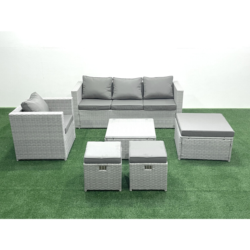 Fimous 6 Seater Rattan Garden Furniture Set with 3 Seater Sofa Chair Square Coffee Table 3 Footstools Light Grey Mixed