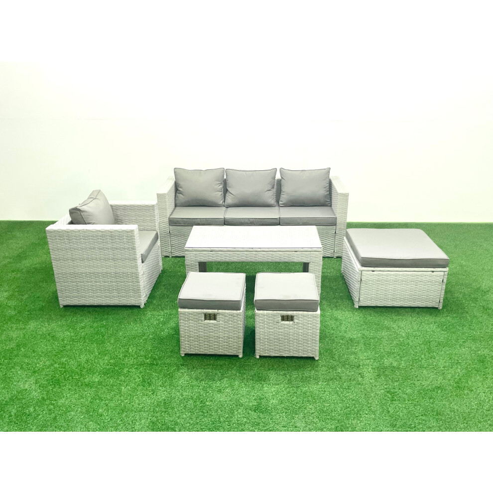 Fimous Rattan Garden Furniture Set 6 Pieces Outdoor Garden Sofa Oblong Coffee Table Set with Chair 3 Footstools Light Grey Mixed