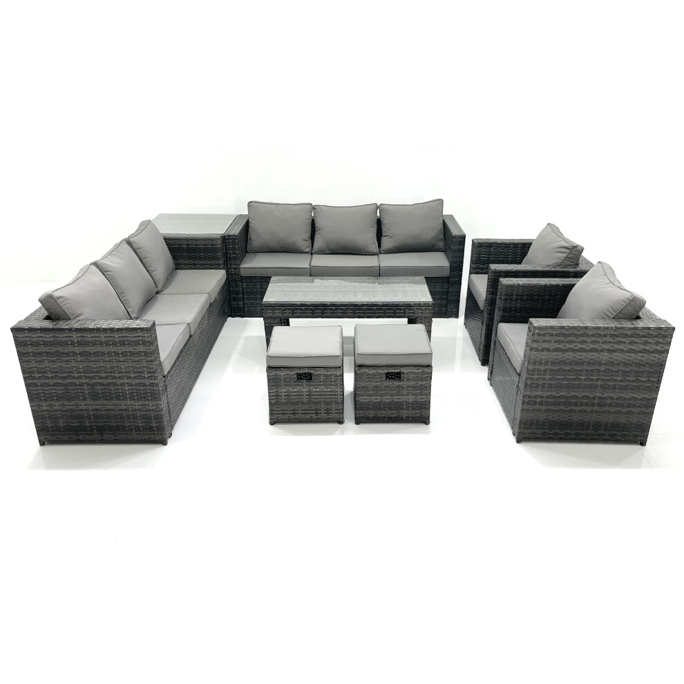 Fimous Rattan Garden Furniture Sofa Set with Coffee table Armchair Side Table 2 Small Footstools Dark Grey Mixed