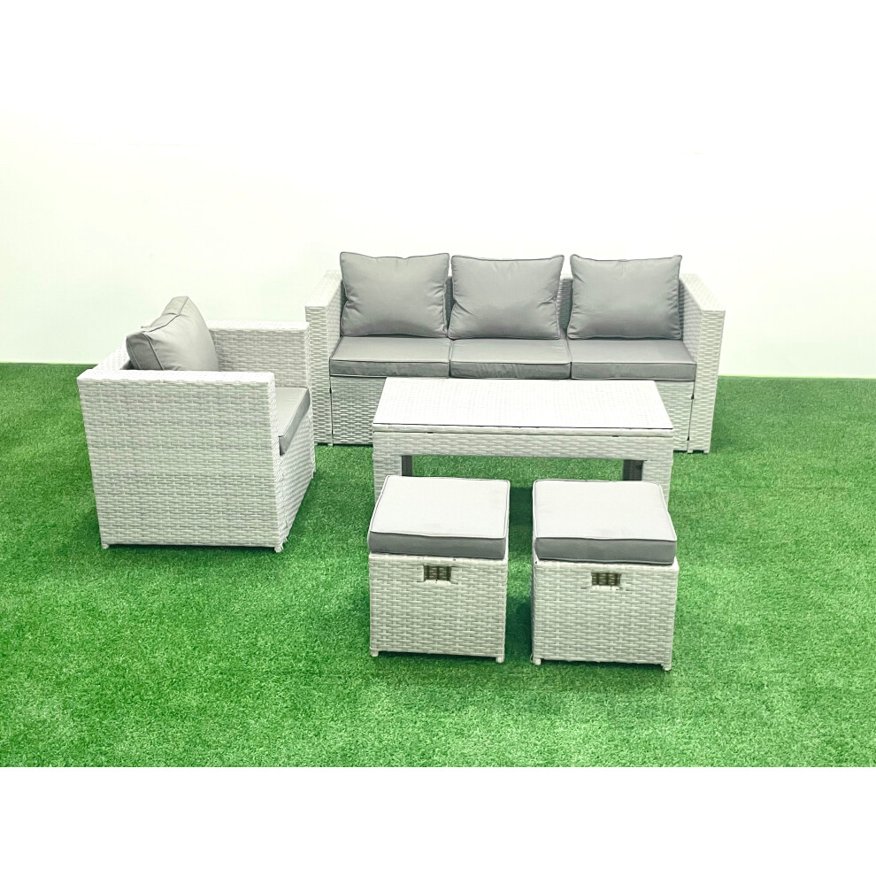 Fimous Rattan Garden Furniture Set 5 Pieces Outdoor Garden Sofa Oblong Coffee Table Set with Chair 2 Small Footstools Light Grey Mixed