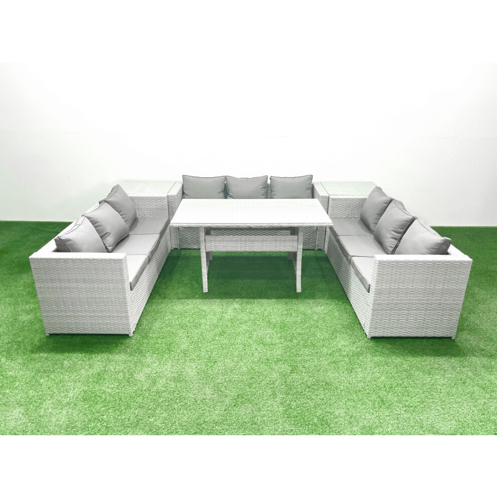 Fimous Rattan Garden Outdoor Furniture Set 9 Seater Garden Sofa Rectangulr Dining Table Set with 2 Side Tables Light Grey Mixed