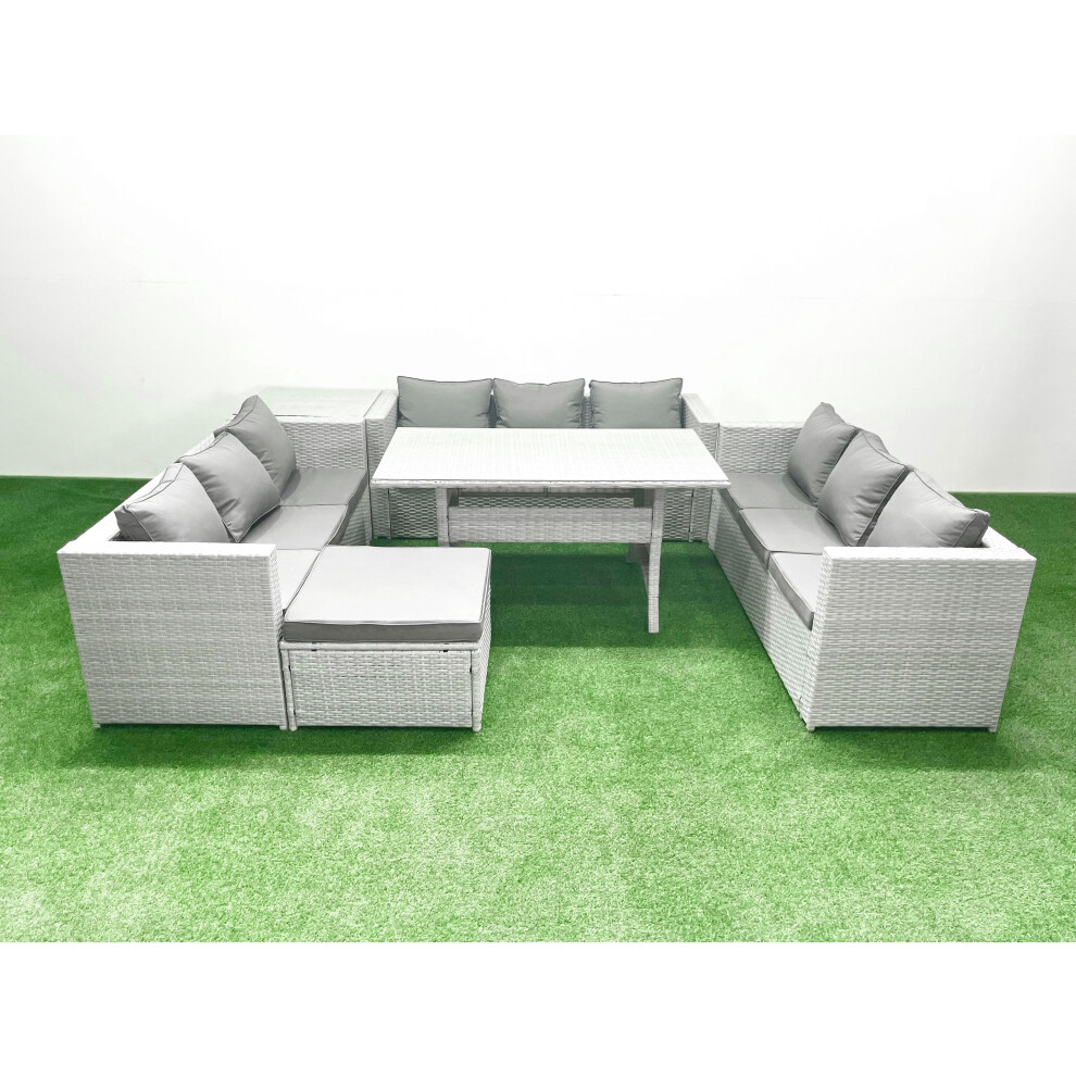 Fimous Rattan Garden Outdoor Furniture Set 10 Seater Garden Sofa Rectangulr Dining Table Set With Big Footstool Side Table Grey