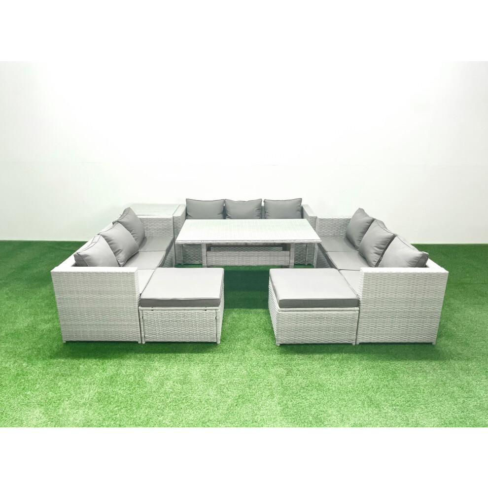 Fimous Rattan Garden Outdoor Furniture Set 11 Seater Garden Sofa Rectangulr Dining Table Set with 2 Big Footstools Side Table