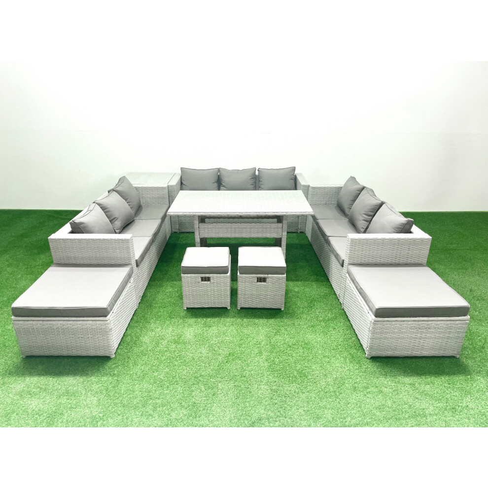 Fimous Rattan Garden Furniture Dining Set 13 Seater Lounge Sofa Dining Table Set with 4 Footstools Side Table Light Grey Mixed