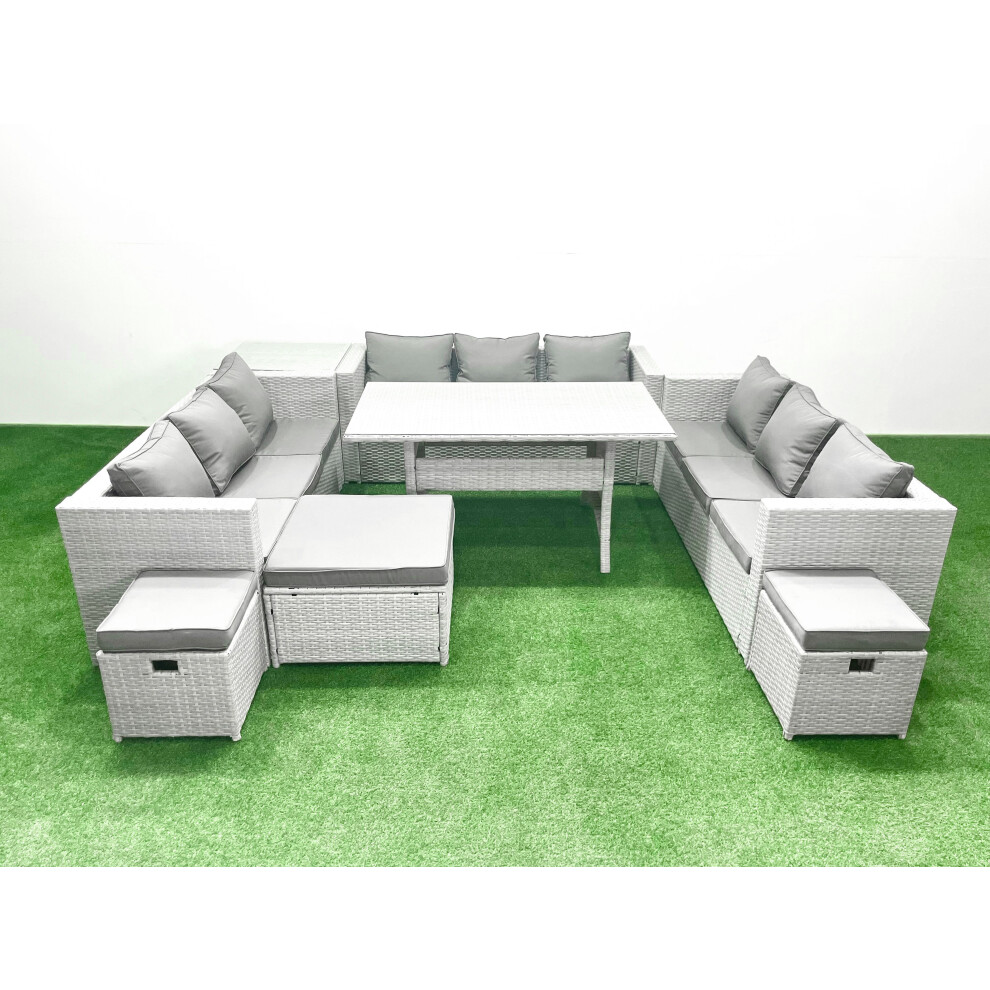 Fimous Rattan Garden Outdoor Furniture Set 12 Seater Garden Sofa Rectangulr Dining Table Set With 3 Footstools Side Table Grey