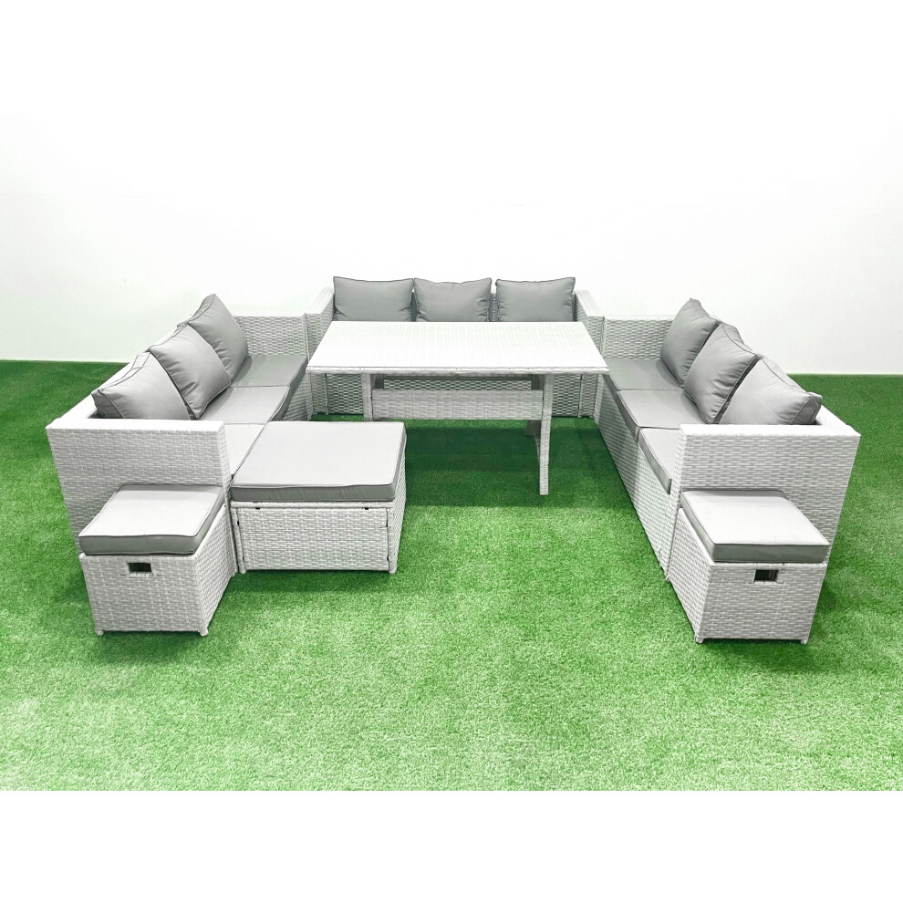 Fimous Rattan Garden Outdoor Furniture Set 12 Seater Garden Sofa Rectangulr Dining Table Set with 3 Footstools Light Grey Mixed