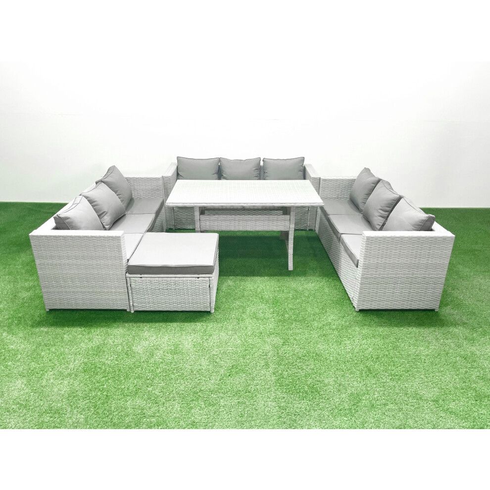 Fimous Rattan Garden Outdoor Furniture Set 10 Seater Garden Sofa Rectangulr Dining Table Set with Big Footstool Light Grey Mixed