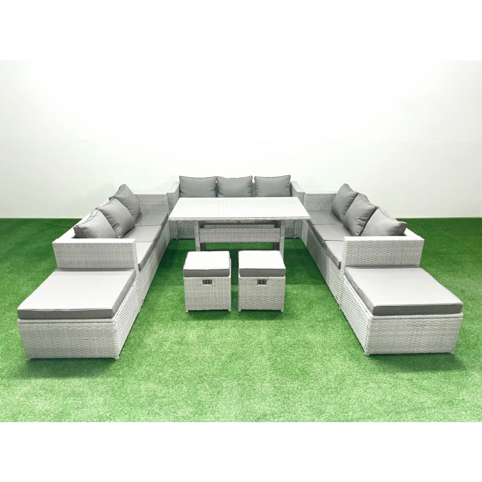 Fimous Rattan Garden Furniture Dining Set 13 Seater Lounge Sofa Dining Table Set with 4 Footstools Light Grey Mixed