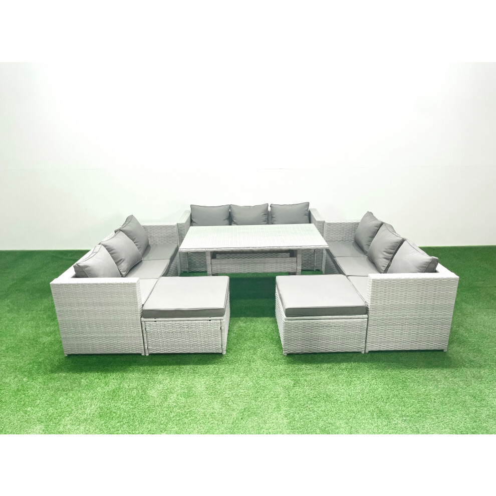 Fimous Rattan Garden Outdoor Furniture Set 11 Seater Garden Sofa Rectangulr Dining Table Set with 2 Big Footstools Light Grey Mixed