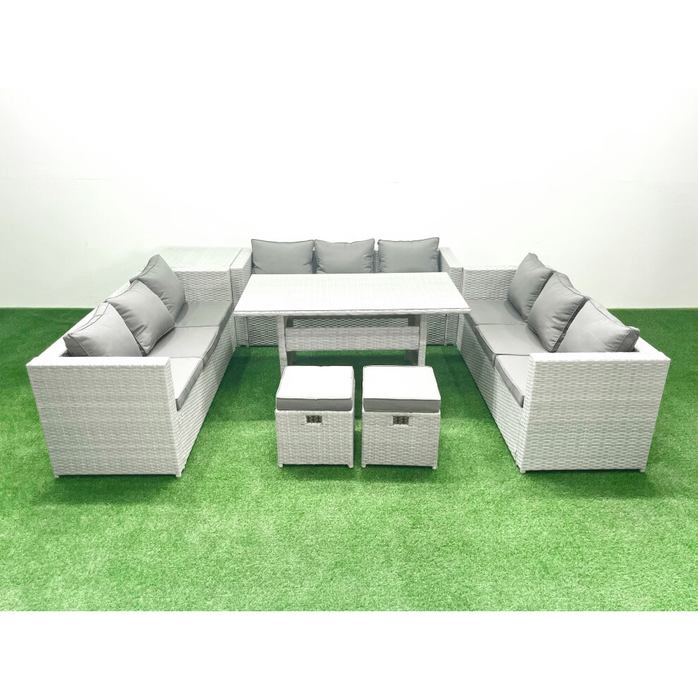 Fimous Rattan Garden Outdoor Furniture Set 11 Seater Garden Sofa Rectangulr Dining Table Set With 2 Small Footstool Side Table Grey