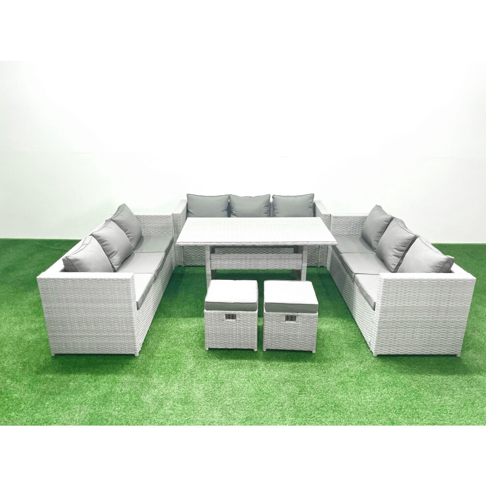 Fimous Rattan Garden Outdoor Furniture Set 11 Seater Garden Sofa Rectangulr Dining Table Set with 2 Small Footstool Light Grey Mixed