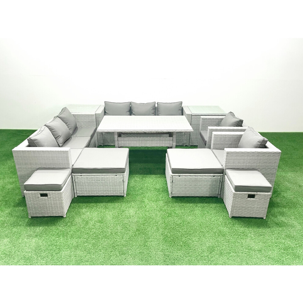 Fimous Rattan Garden Furniture Dining Set 12 Seater Lounge Sofa Chair Dining Table Set with 4 Footstools 2 Side Tables Light Grey Mixed