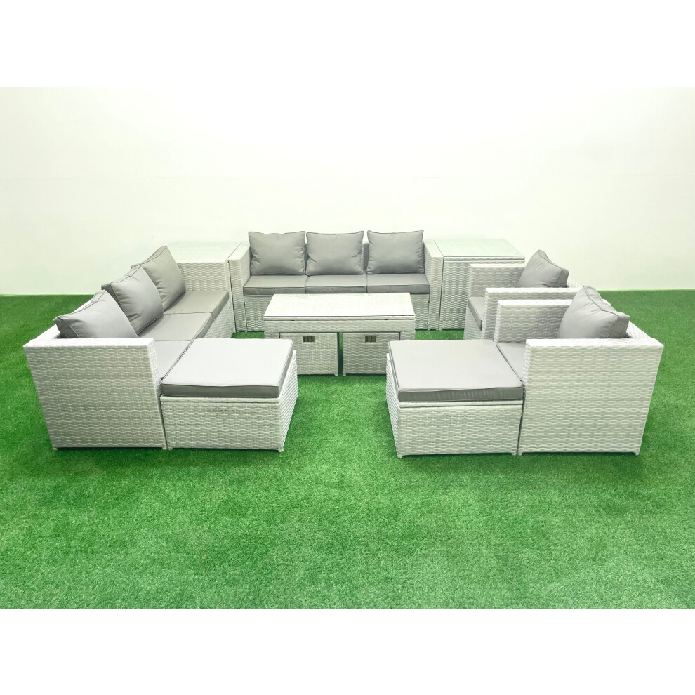 Fimous Rattan Garden Furniture Set Outdoor Lounger Sofa with Coffee Table 4 Footstools 2 Side Tables Light Grey Mixed 12 Seater