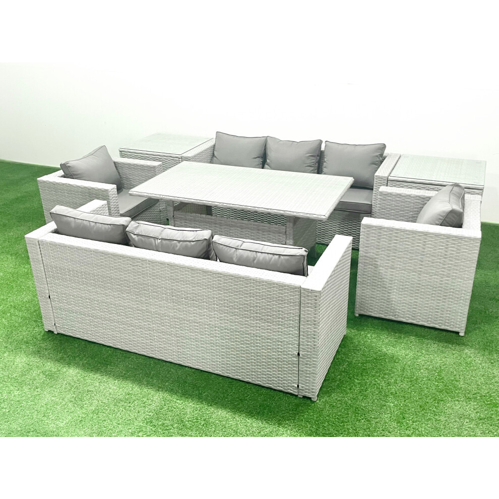 Fimous Rattan Garden Furniture Set Outdoor 8 Seater Patio Dinin g Sofa Sets with Dining Table 2 Chairs 2 Side Tables Light Grey Mixed