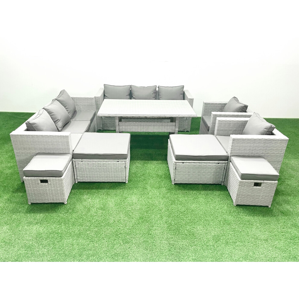 Fimous Rattan Garden Furniture Dining Set 12 Seater Lounge Sofa Chair Dining Table Set with 4 Footstools Light Grey Mixed