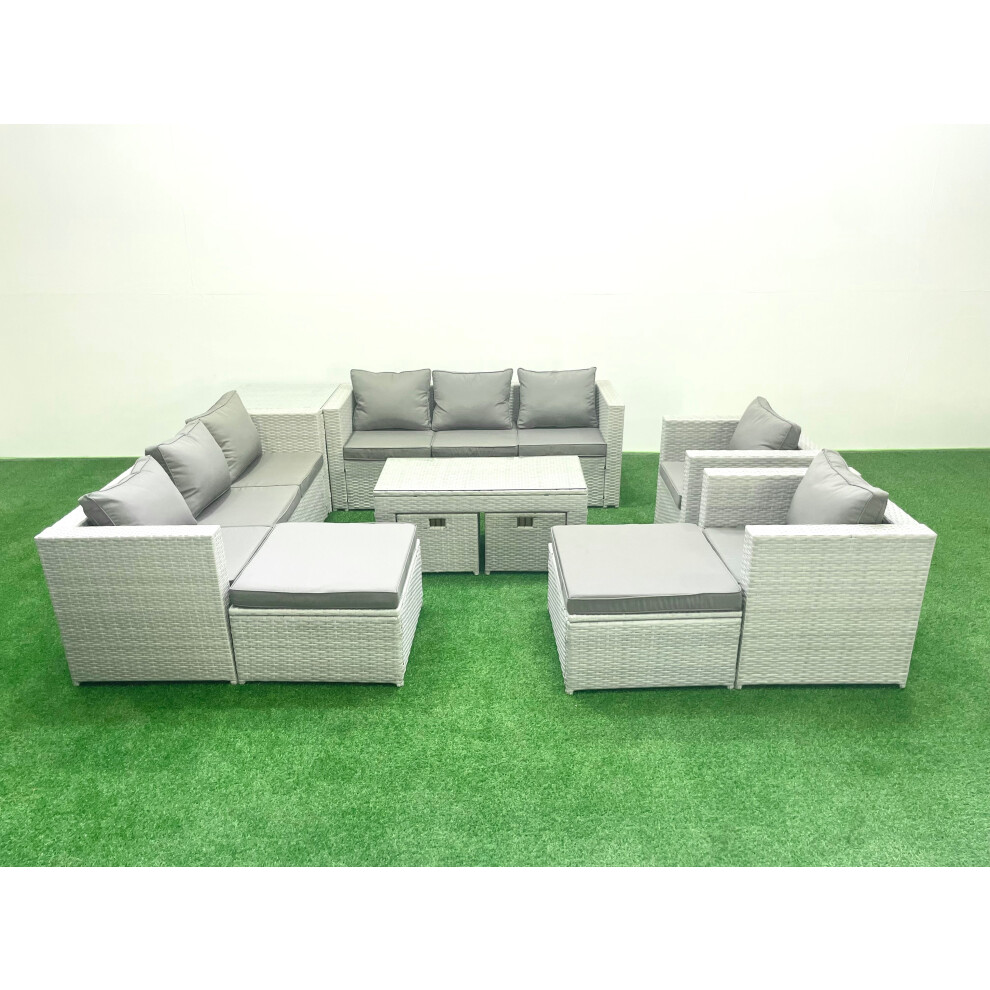 Fimous Rattan Garden Furniture Set Outdoor Lounger Sofa with Coffee Table 4 Footstools Side Table Light Grey Mixed